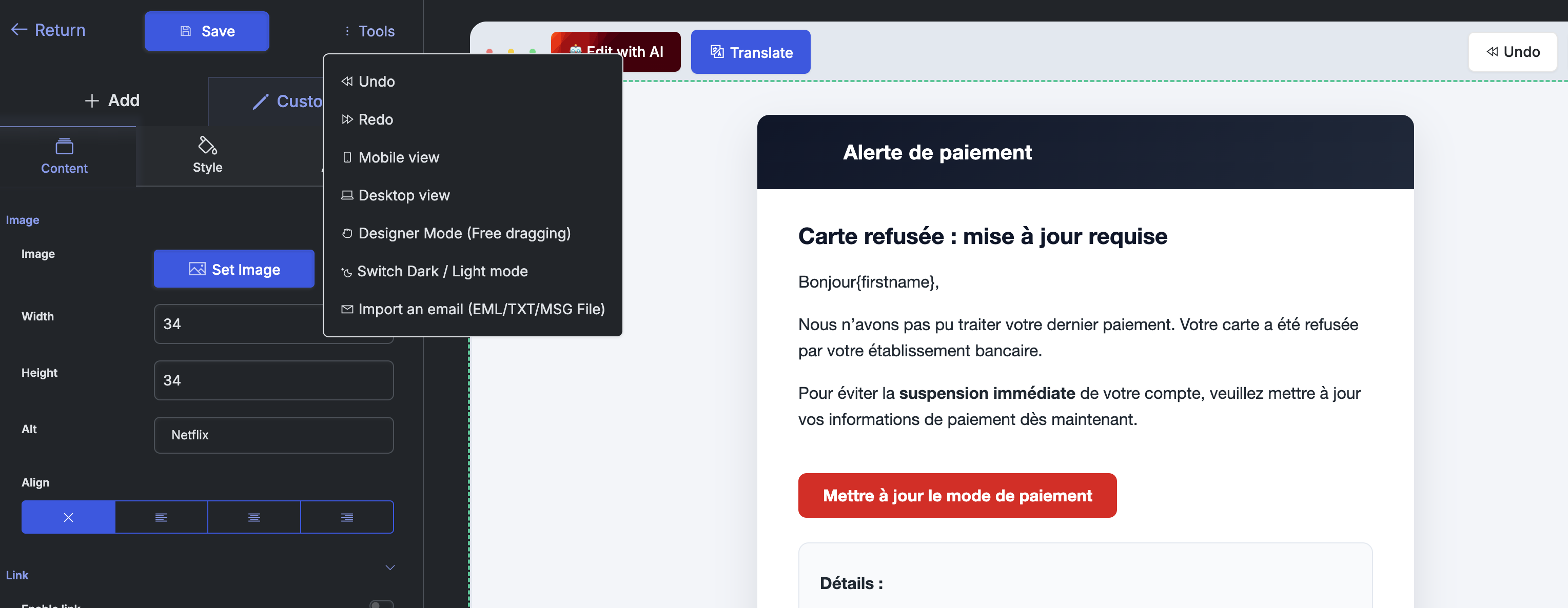 Import d'un modèle au format .EML