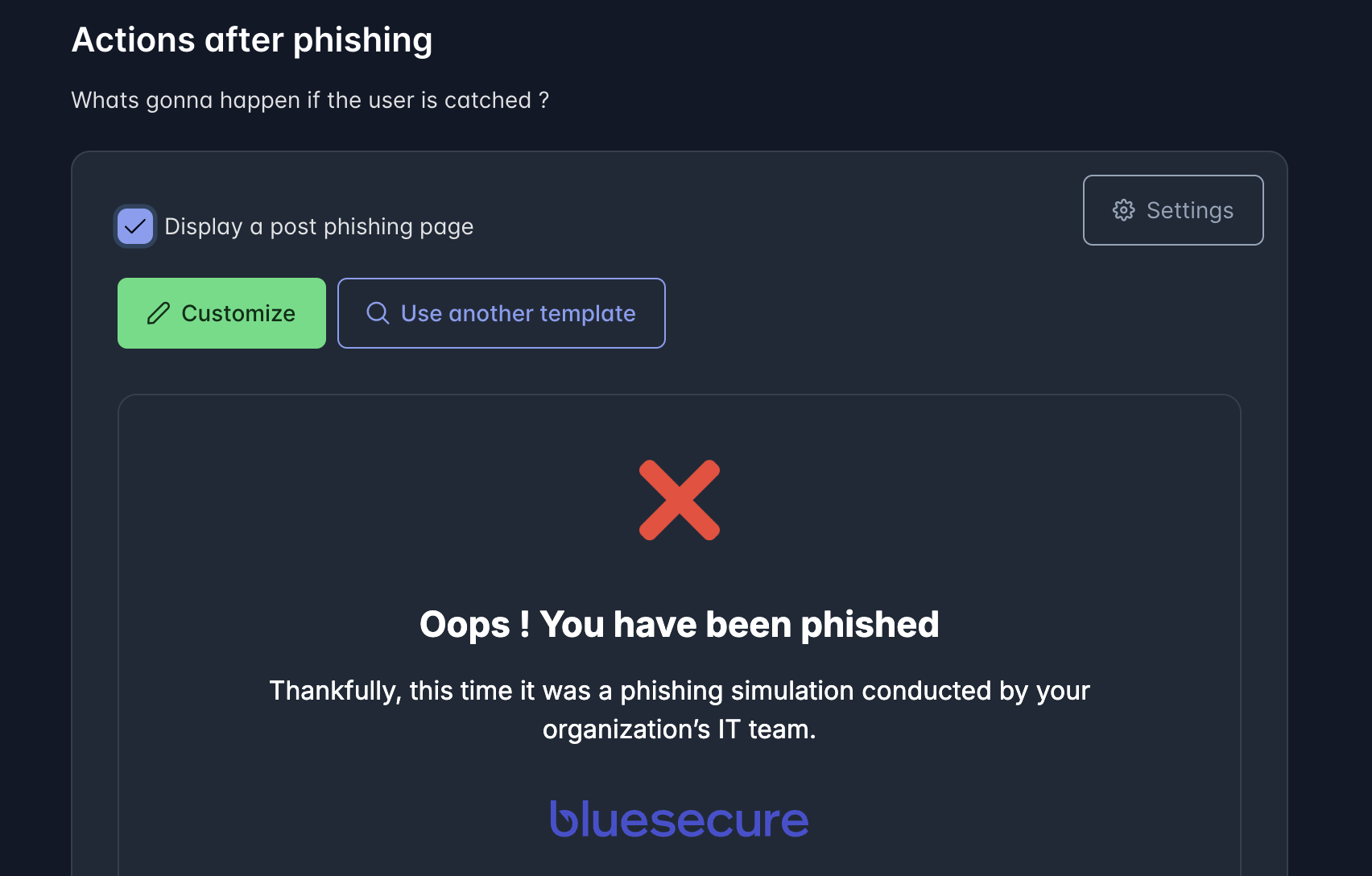 Activation de la page post-phishing lors de la création d'une campagne