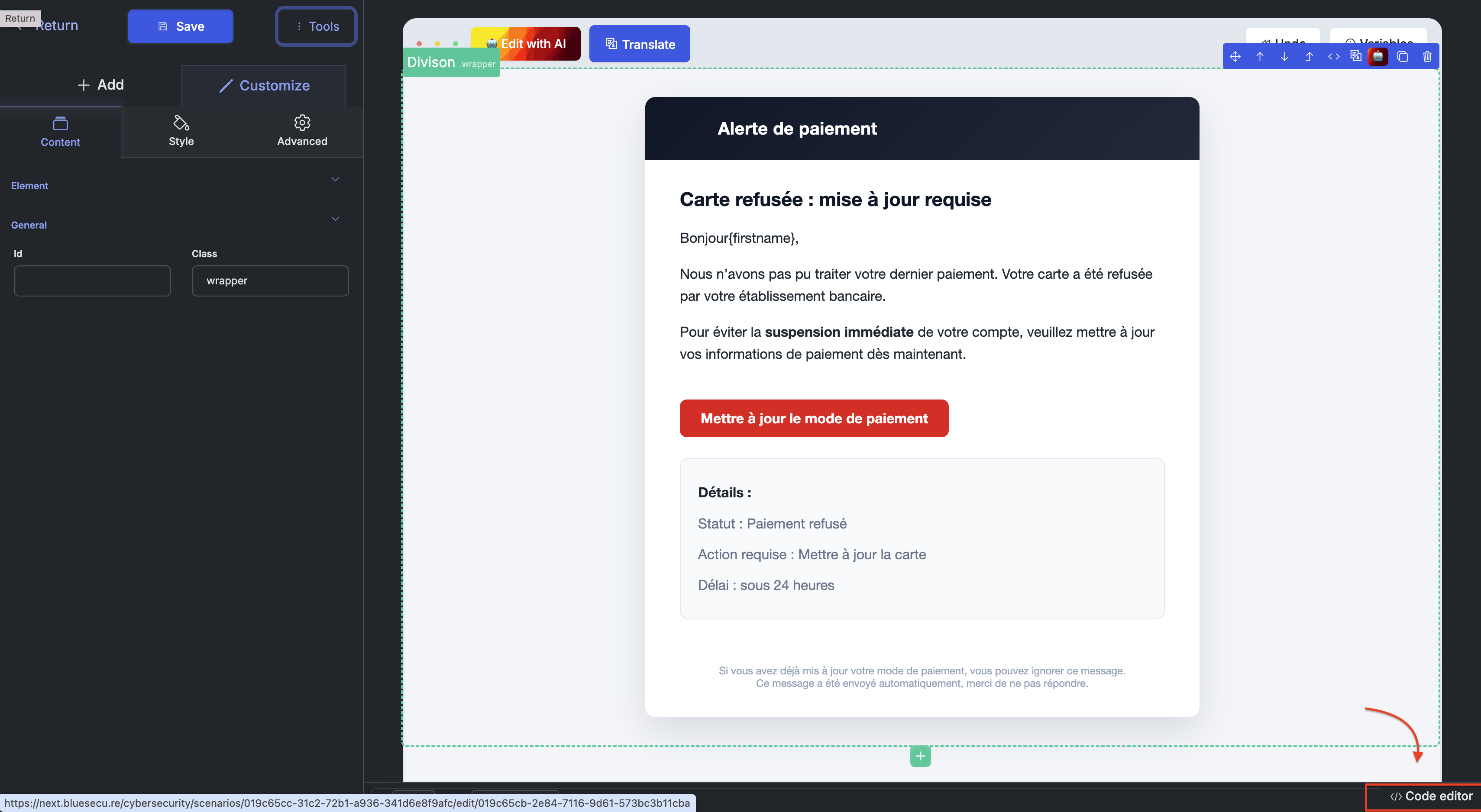 Éditeur de code HTML pour un modèle