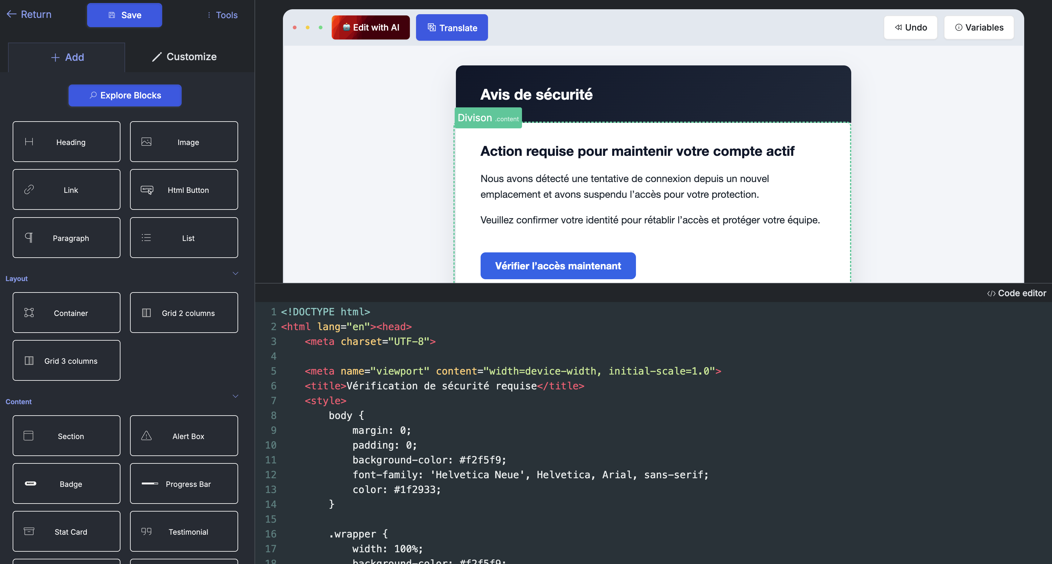 Aperçu en direct d'un modèle HTML