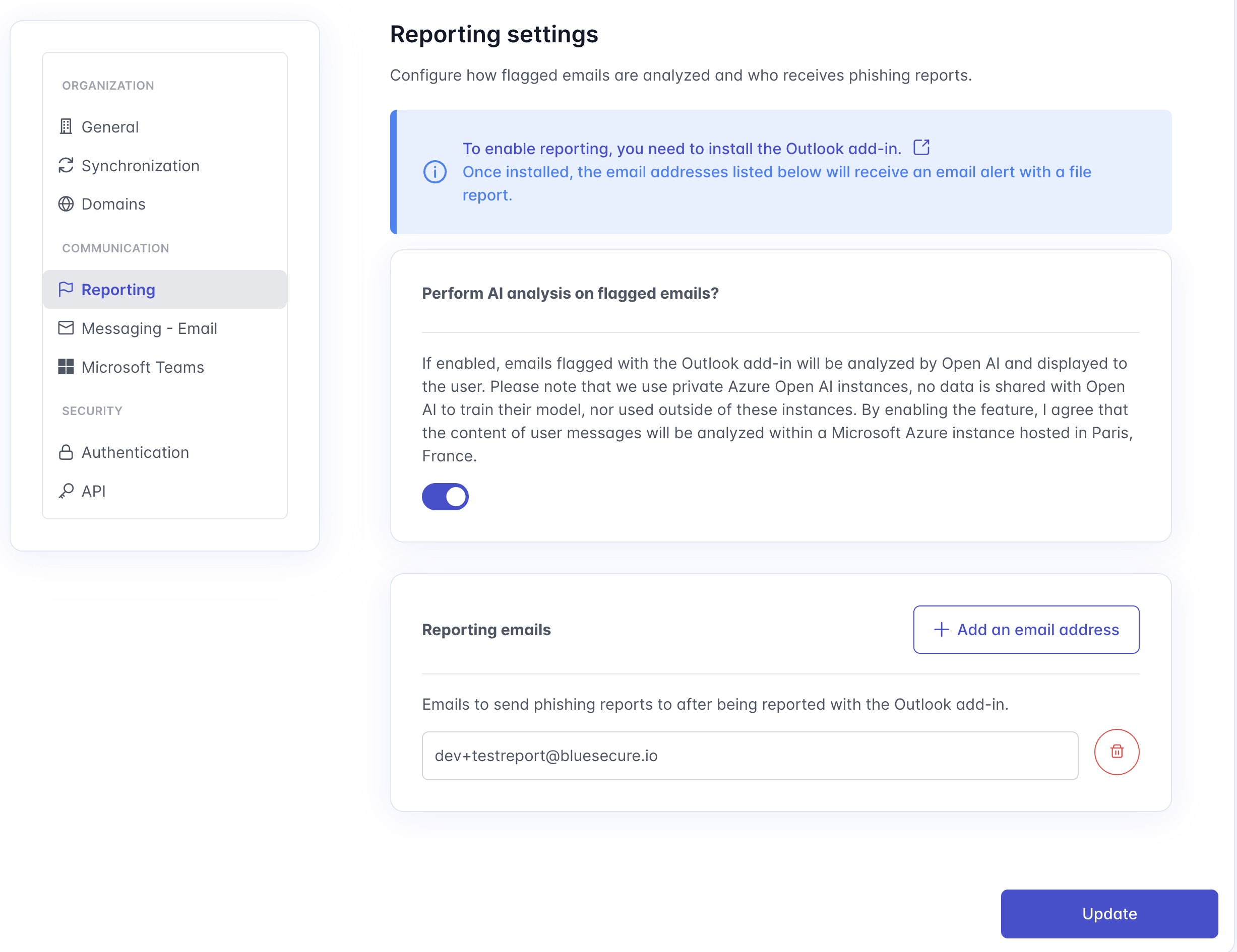 Configuration du canal de réception dans BlueSecure