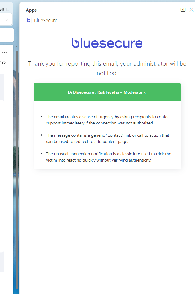 Message de confirmation du signalement BlueSecure